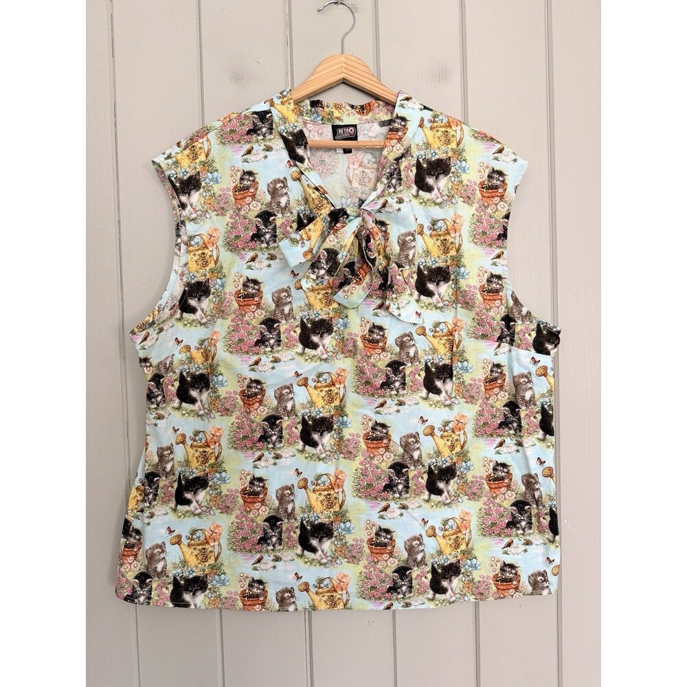 Retrolicious Kitten Garden Tie Neck Blouse Top 3X Cottagecore Cat Retro USA Twee